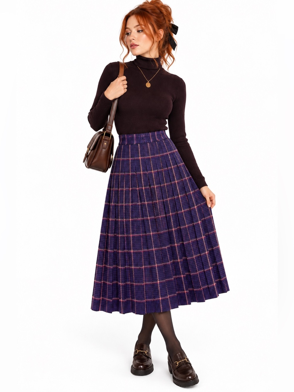 Vintage Skirt Gaytown Purple Houndstooth Pink Pleated Wool Midi Medium